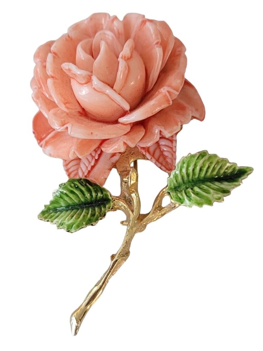 PELL Gold Tone Faux Coral, Plastic Rose Brooch Pin, Signed E539